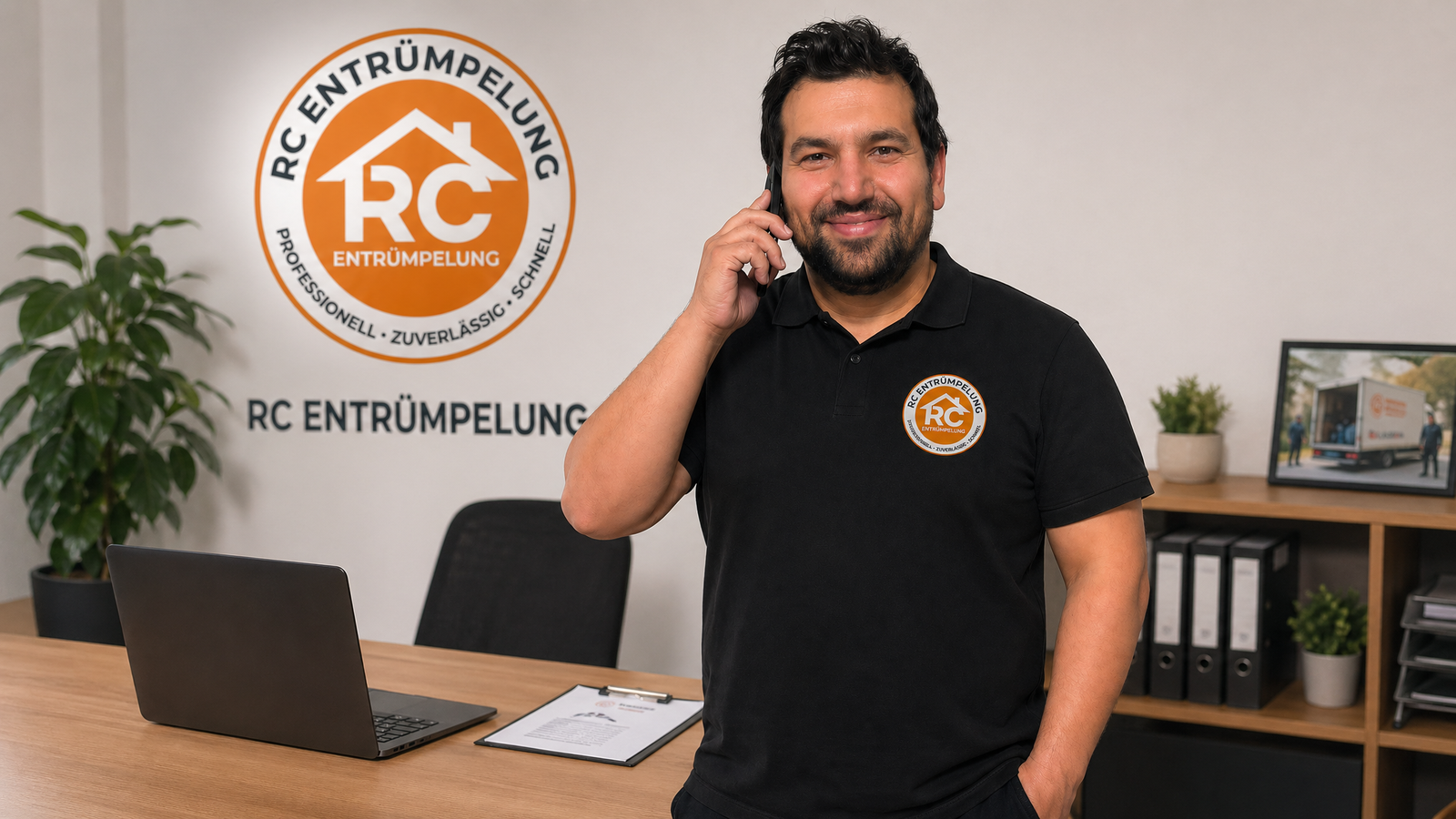 Roberto Stoyanov, Inhaber von RC Entrümpelung Hannover, am Telefon im Büro